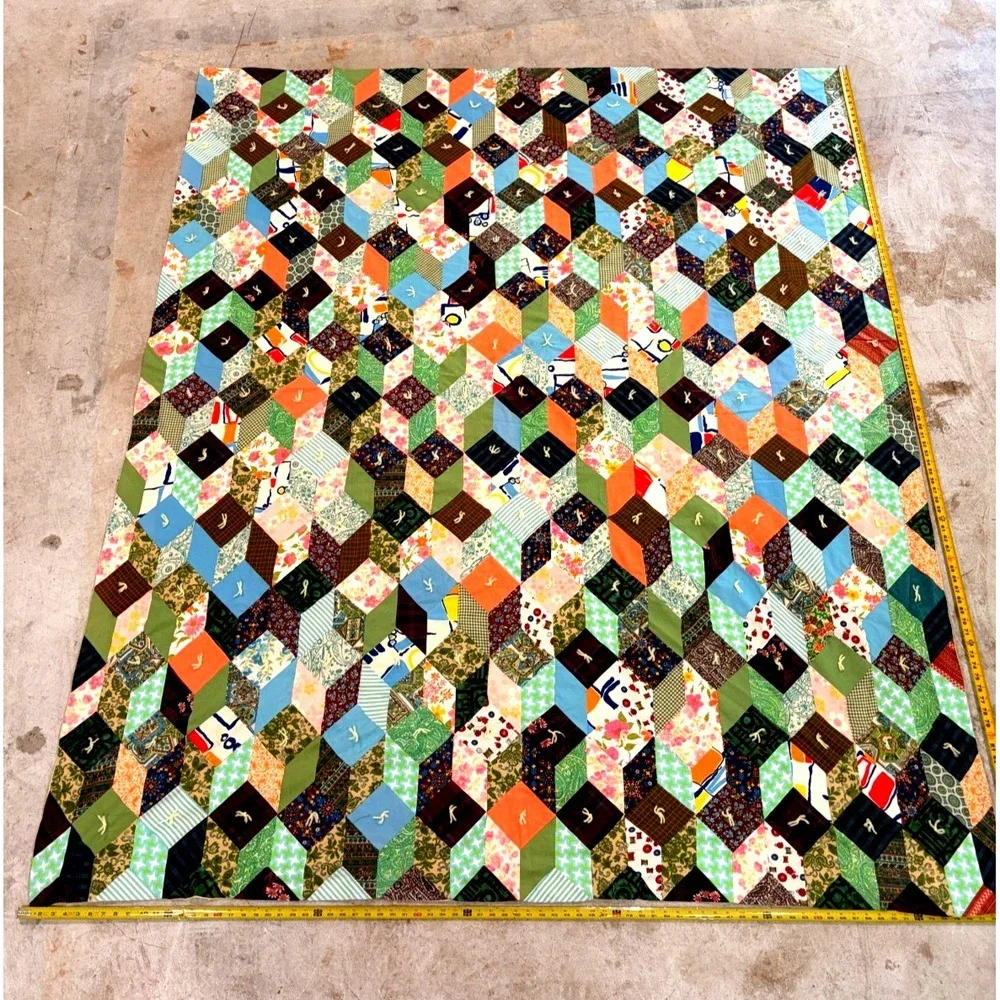 Vintage Handmade Patchwork Quilt Top Diamond Tumbling Blocks 80x94 Multicolor